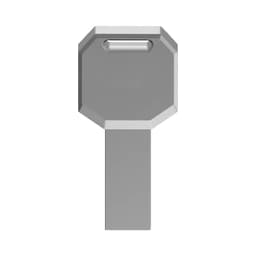 A grey octagonal LED flash drive with a rectangular connector and a logo on the surface.