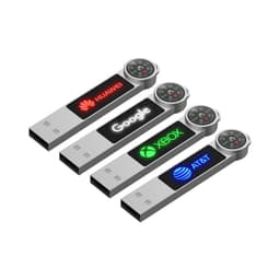 A set of four silver LED flash drives featuring logos and a compass design on the end.