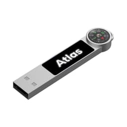 A silver LED flash drive with a compass feature and a branding logo.