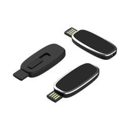 A sleek black LED flash drive with a silver trim, featuring a retractable connector and branding on the surface.