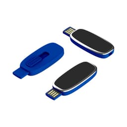 A blue LED flash drive featuring a sliding mechanism, with sleek design elements and a black accent.