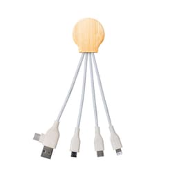 A charging cable with a wooden connector, featuring four white wires for different devices.
