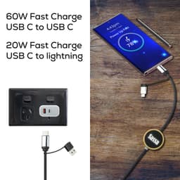 A charging cable in black, connecting USB-C to a lightning connector, with a device displaying a battery percentage.