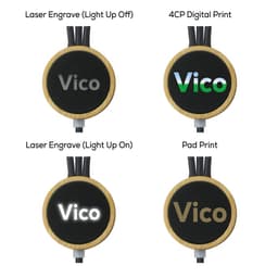 A set of four charging cables with different finishes and designs, featuring a circular black and wood logo area.