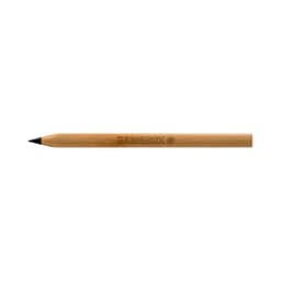 A bamboo pen with a natural finish and a black tip, featuring a logo.