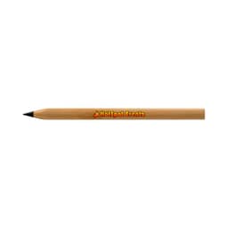 A bamboo pen with a black nib, featuring a logo in orange and black on its side.