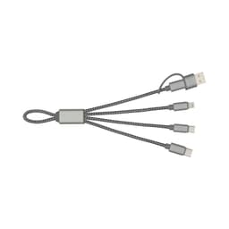 A charging cable with multiple connectors in grey, featuring a braided design and a logo.