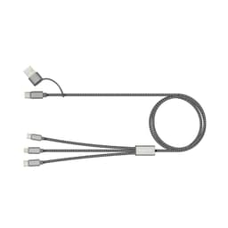 A grey charging cable with multiple connectors, featuring a branded section along its length.