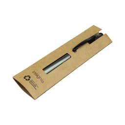 A metal pen in a recycled kraft packaging, featuring a black clip and nib, with a logo on the box.
