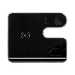 A black and silver wireless charger with a sleek design featuring multiple charging sections.