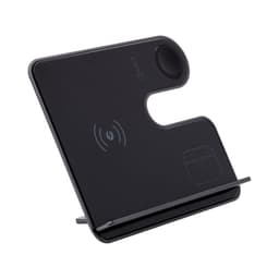 A black wireless charger with a sleek, modern design and an integrated stand for electronic devices.