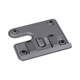 A grey wireless charging stand with multiple slots for devices, featuring a logo and round rubber feet.