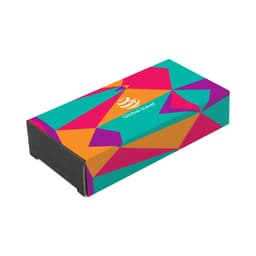 A vibrant packaging sleeve in teal, purple and orange geometric patterns, featuring a logo on the front.