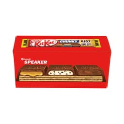 A customised box featuring a red design with a variety of Kit Kat Chunky chocolates and a Bluetooth speaker branding.