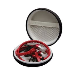 A zippered case in black, containing red wired earphones and a red braided cable. It has a mesh pocket inside.