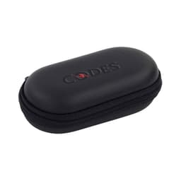 A black zippered case with a rounded shape, featuring a logo on the surface. Ideal for storing small items.