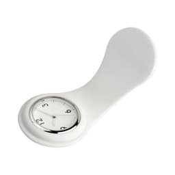 A white watch with a round dial and a smooth, curved band. It features a silver bezel and clear markings.