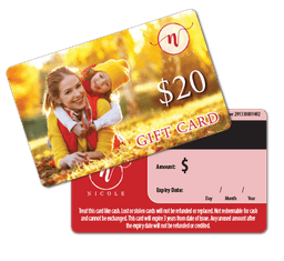 A colourful gift card featuring a smiling woman and child on one side, with a logo and a red, black, and white design on the reverse.
