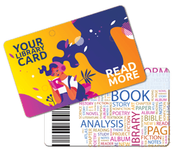 A promotional library card featuring vibrant colours, an illustration of a person reading, and a colorful word collage on the reverse.