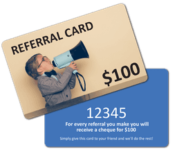 A promotional referral card featuring a light blue megaphone, with a beige background and a blue underside.