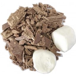 A pile of chocolate shavings in varying brown tones with two white marshmallows beside them.