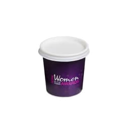 A purple coffee cup with a white lid, featuring branding and promotional text on its surface.