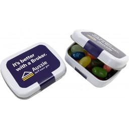 A small rectangle tin filled with colourful Jelly Belly jelly beans, featuring a branded lid.