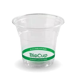 A clear plastic cup with a green band labelled "BioCup" and text about sustainability.