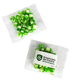 A pack of green and white humbug sweets, featuring a logo. Suitable for promotional confectionery.
