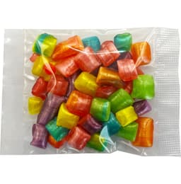 A clear bag containing colourful humbug sweets in shades of red, orange, yellow, green, blue, and purple.