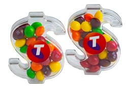 Acrylic dollar shape containing mixed Skittles in vibrant colours, with a logo on the side.