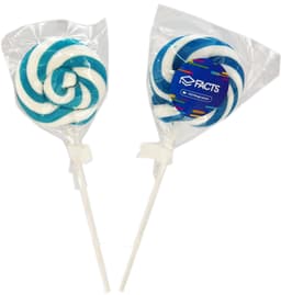 A blue and white swirled lollipop wrapped in clear plastic, featuring a logo on the packaging.