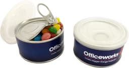 A navy blue pull can containing a variety of colourful jelly beans, featuring a plastic lid and a branded logo.
