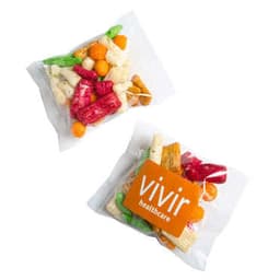 A clear packet of colourful rice crackers featuring a mix of assorted shapes and textures, with a logo.