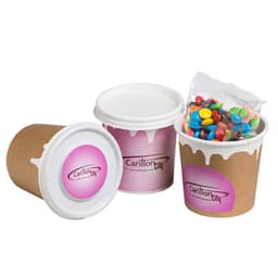 A coffee cup design in brown and pink, filled with colourful M&Ms, with a lid and branding logo.