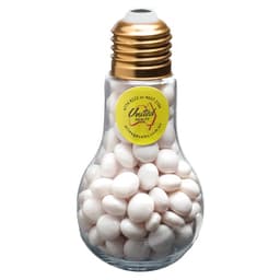 A light bulb-shaped container filled with white mints, featuring a gold top and a logo on the side.