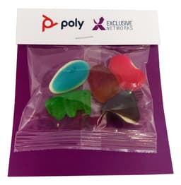 A bag containing mixed lollies in various shapes and colours, including blue, green, red, and purple. It has branding.