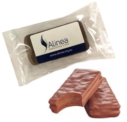 A chocolate-covered biscuit with a creamy centre, packaged in a plastic wrapper, featuring a logo.