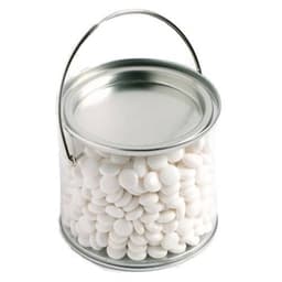 A medium clear PVC bucket filled with white chewy mints, featuring a silver lid and handle.