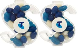 Acrylic dollar-shaped container filled with blue, white, and black mini jelly beans, featuring a branded logo.