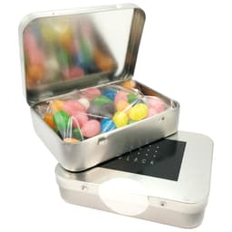 A rectangular silver tin filled with colourful mini jelly beans, partially open to reveal the contents.
