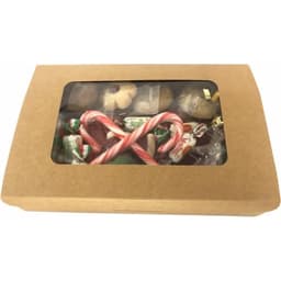 A kraft gift box containing assorted sweets, including candy canes and various festive confections.