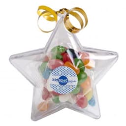 Acrylic star filled with colourful mini jelly beans, topped with a gold ribbon and featuring a logo.