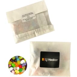 A kraft paper bag containing a mix of colourful JELLY BELLY jelly beans, with a logo on the packaging.