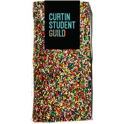A package of Premium Chocolate 100s & 1000s, featuring a variety of bright coloured sprinkles on chocolate. It has a logo.