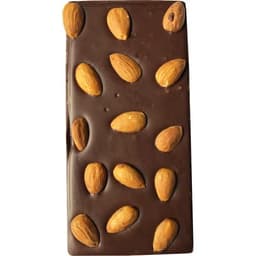A chocolate bar featuring a dark brown coating with scattered whole almonds on top. It has a branded logo.