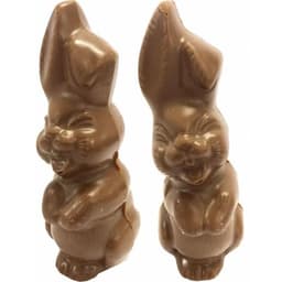 A brown chocolate Easter bunny figurine with exaggerated features, presented in pairs.