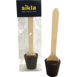 A chocolate spoon with a wooden stick, presented in clear packaging, featuring a logo at the top.