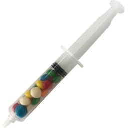 A syringe filled with assorted chewy fruit candies in vibrant colours, featuring a plastic plunger and clear body.