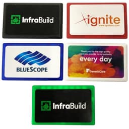A variety of credit card-sized mint cards in different colours, featuring logos and branding on each.